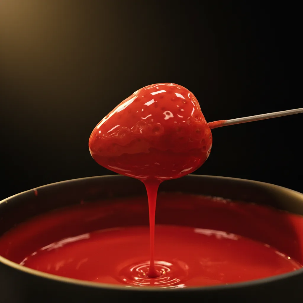 Dessert trompe-l'œil fraise plongé dans un glaçage miroir rouge vif