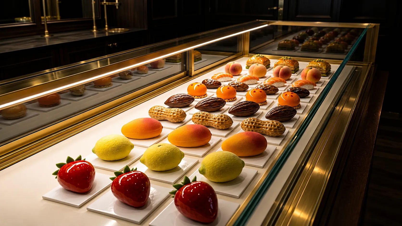 Vitrine de pâtisserie garnie de créations trompe-l'œil — Atelier Mirage